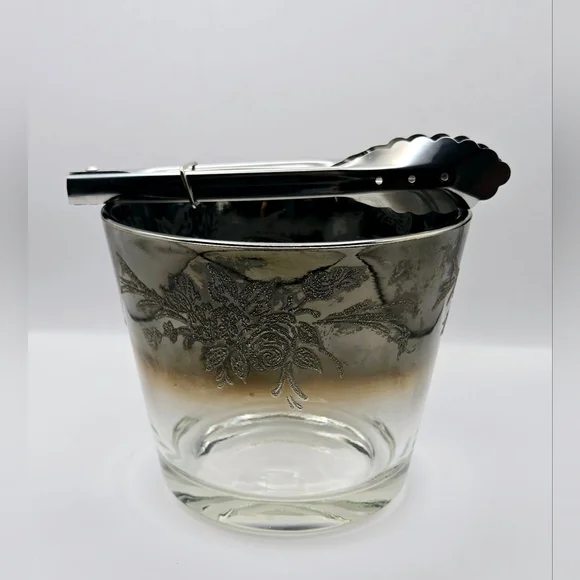 Vintage Silver Ombre Glass Ice Bucket Floral Etched w Tongs MCM Style - Picture 4 of 8